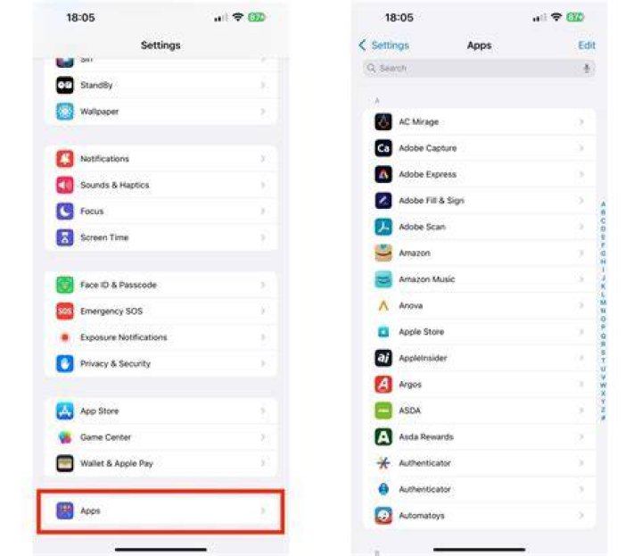 Apps on the settings menu