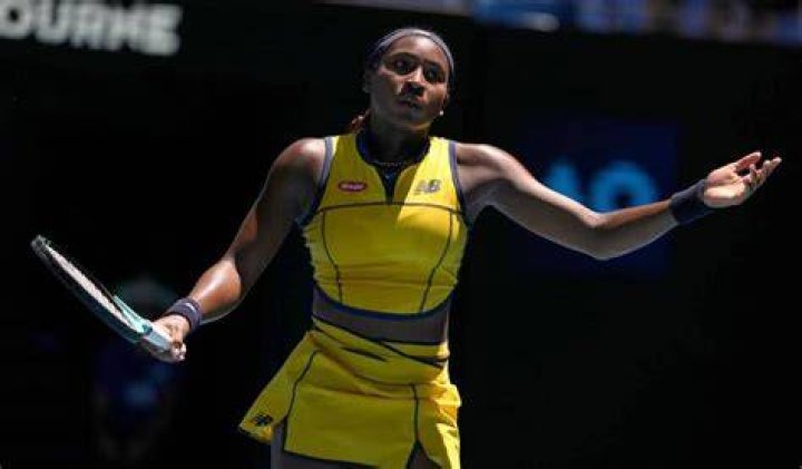 Coco Gauff reacts looks on